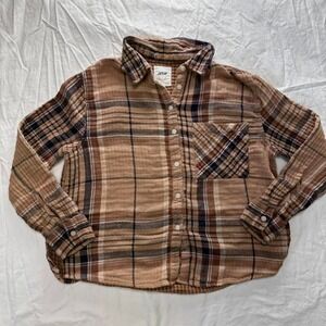 Aerie Women's Brown Button-Up Plaid Flannel Shirt Sz S Western Coastal Cowboy